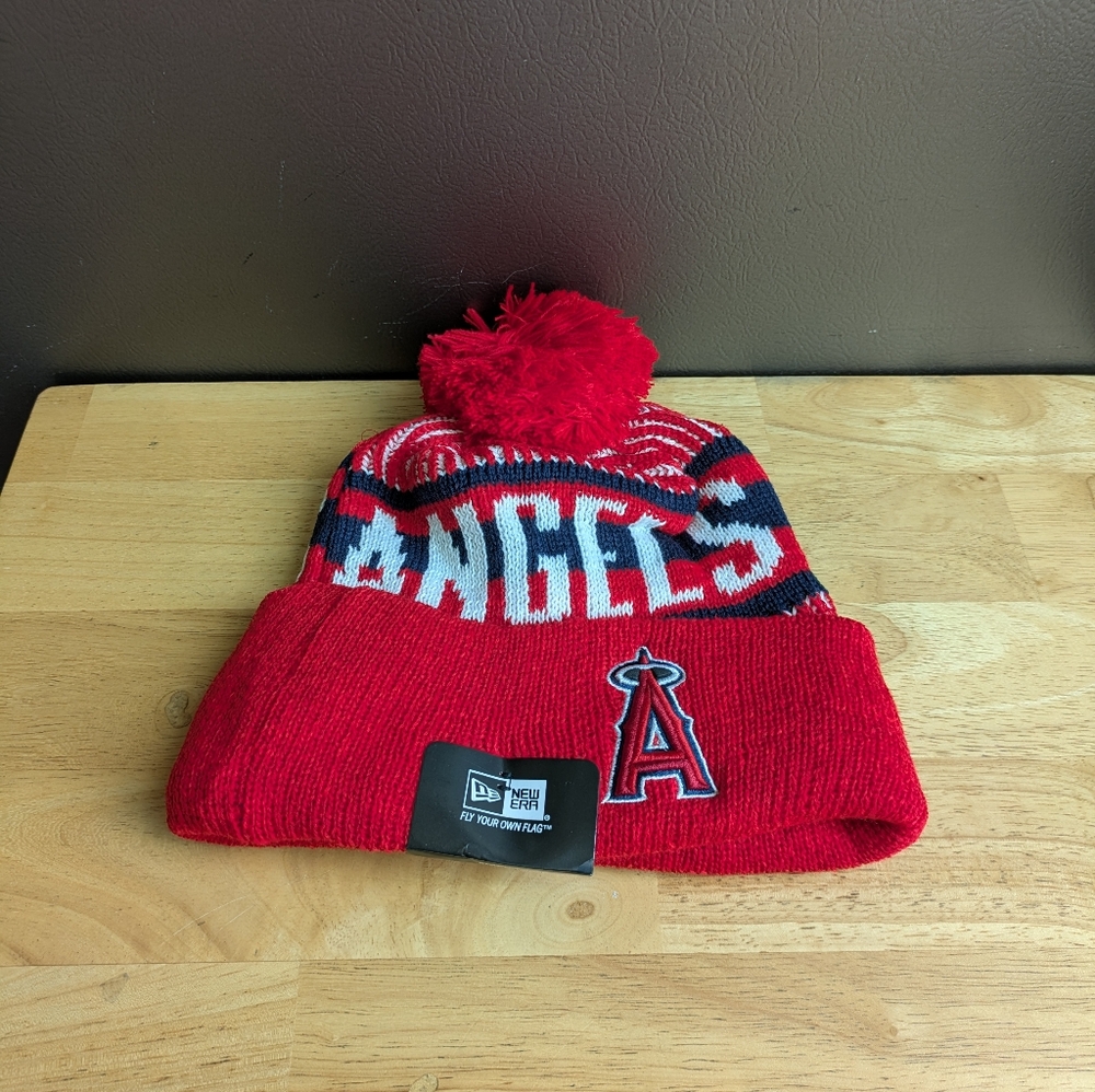 Red New Era Beanie with Pom and Logo